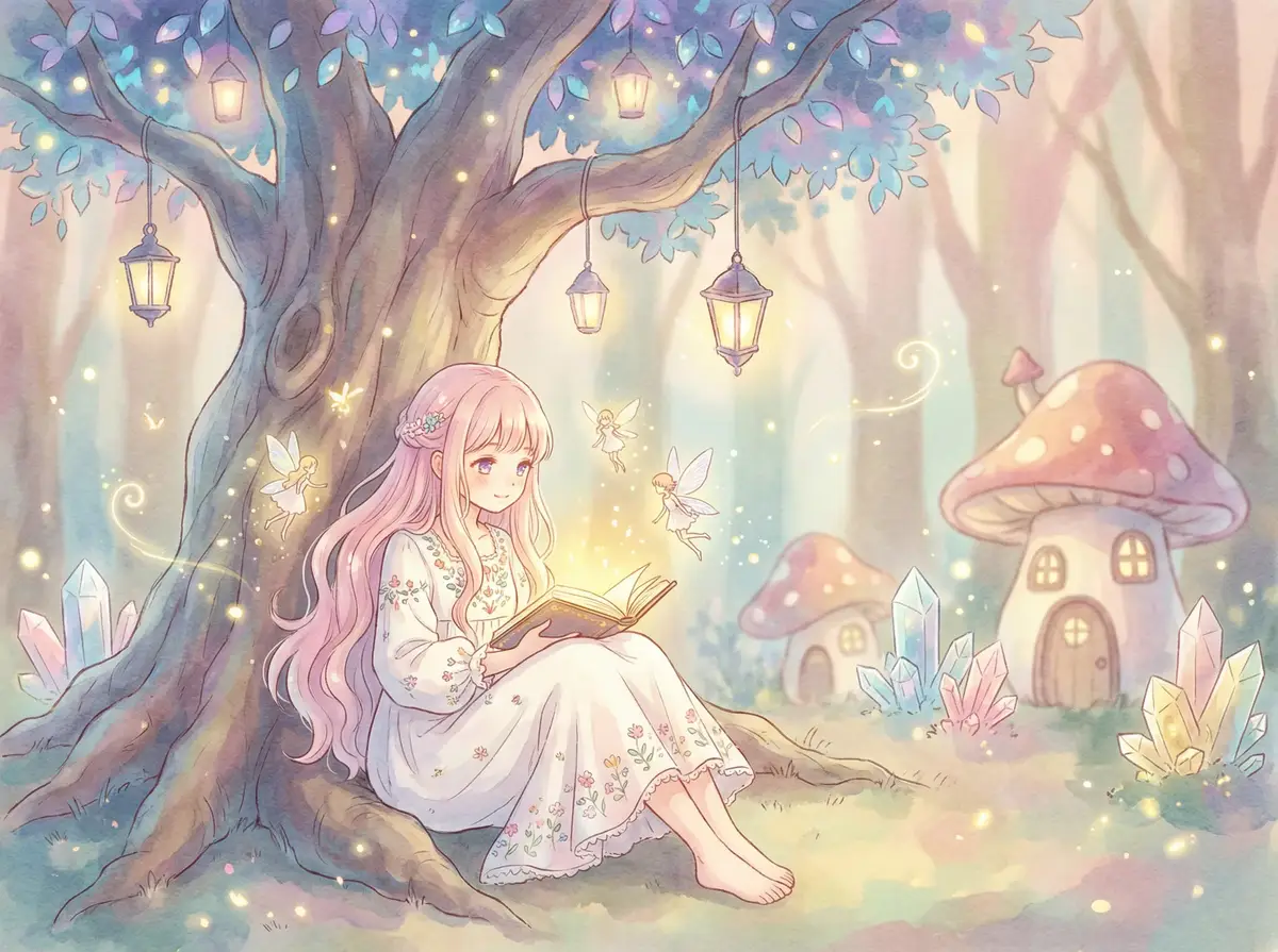 御宅书屋 - 魔法森林中阅读故事书的粉发少女与精灵